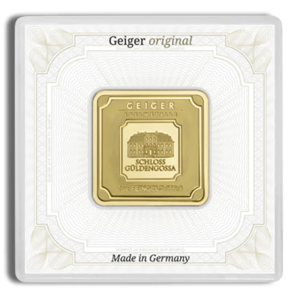 Gold bullion coin from Geiger Original, featuring an intricate design and packaged in a protective case, made in Germany.