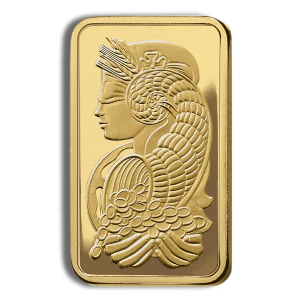 Gold bullion bar featuring an intricate design of a woman's profile with flowing hair, symbolizing wealth and luxury. Ideal for collectors and investors in precious metals.
