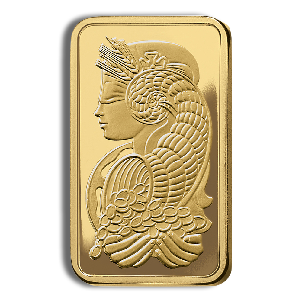 Gold bullion bar featuring an intricate design of a woman's profile with decorative elements, symbolizing wealth and luxury. Ideal for collectors and investors in precious metals.