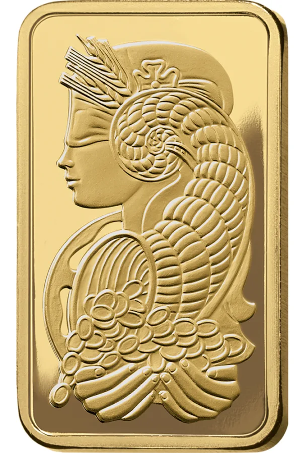 Gold bullion bar featuring an intricately designed profile of a woman with flowing hair and decorative elements, symbolizing wealth and prosperity. Ideal for collectors and investors in precious metals.