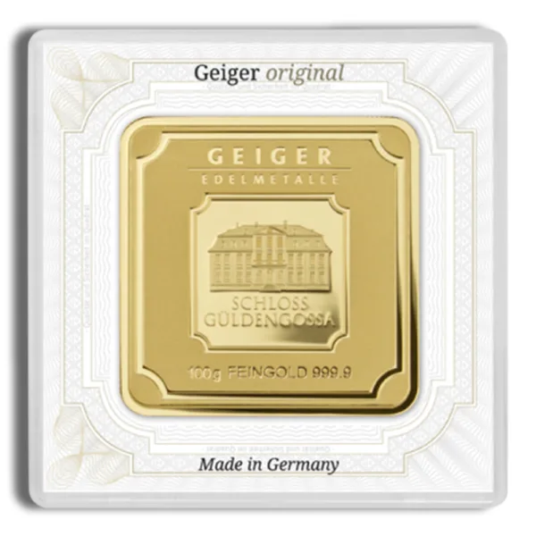 100g gold bullion bar by Geiger Edelmetalle featuring an embossed design of Schloss Güldengossa, marked with "100g Feingold 999.9" and "Made in Germany," presented in a protective packaging.