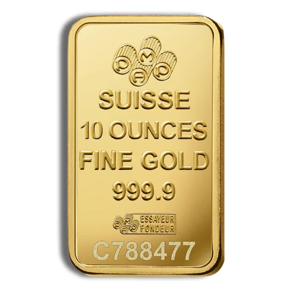10-ounce gold bar from Suisse, marked as fine gold 999.9, featuring the manufacturer's logo and serial number C788477, ideal for investment and collectors.