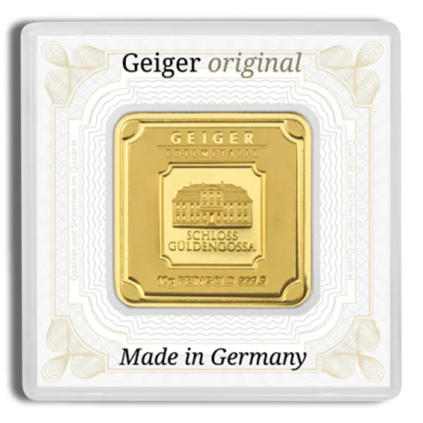 Gold bullion coin by Geiger, featuring an embossed design, enclosed in protective packaging labeled "Geiger original" and "Made in Germany."