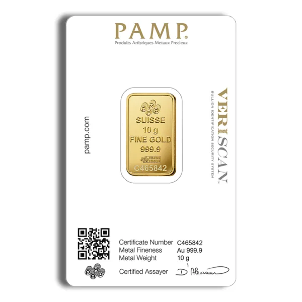 PAMP Suisse 10g fine gold bar displayed on a certification card, featuring detailed information including metal fineness of 999.9, certificate number C465842, and a QR code for verification. Ideal for investment and collection.