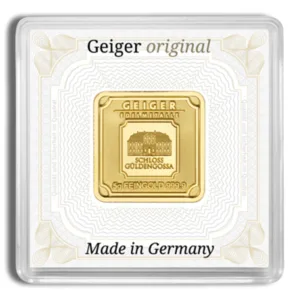 5g Geiger gold bar featuring the Schloss Güldengossa design, made from 999.9 fine gold and encased in protective packaging, highlighting its German craftsmanship and quality assurance.