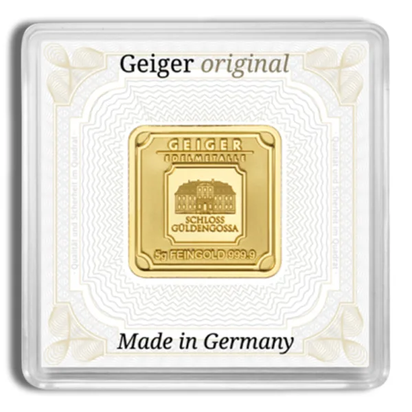 5g Geiger gold bar featuring the Schloss Güldengossa design, made from 999.9 fine gold and encased in protective packaging, highlighting its German craftsmanship and quality assurance.