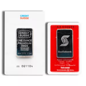 Credit Suisse and Scotiabank palladium bars displayed side by side, showcasing a 1-ounce Credit Suisse palladium bar with a purity of 999.5 and an assay certificate from Scotiabank, also featuring a purity of 999.5.