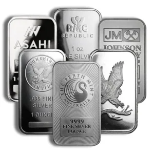 Assorted silver bullion bars from various mints, including Asahi, Republic Metals, and Johnson Matthey, showcasing their unique designs and weights.