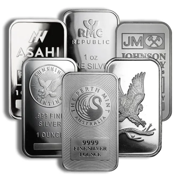 Assorted silver bullion bars from various mints, including Asahi, Republic Metals, and Johnson Matthey, showcasing their unique designs and weights.