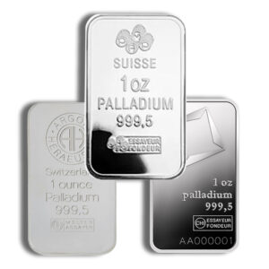 Three palladium bars displayed, featuring inscriptions of "1 oz Palladium 999.5" and "Suisse" along with the logos of Argor-Heraeus and other refiners, emphasizing their purity and weight as investment options.
