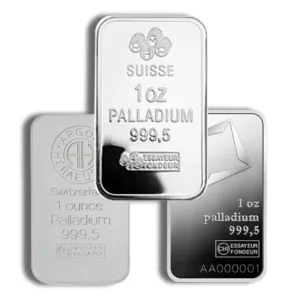 Three palladium bars, each weighing 1 ounce, featuring inscriptions of purity and origin. The bars are marked with "Suisse" and "999.5" indicating high-quality palladium content.