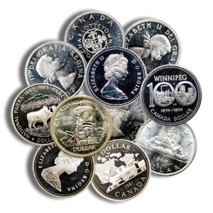 A collection of Canadian dollar coins featuring various designs, including depictions of Queen Elizabeth II, wildlife, and historical landmarks, arranged in a circular pattern.