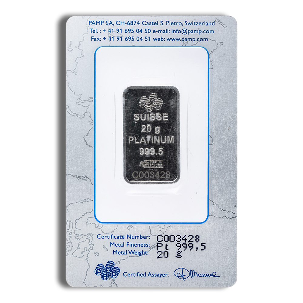 Platinum bullion bar weighing 20 grams, stamped with "SUISSE," featuring a fineness of 999.5, displayed in a protective certificate packaging from PAMP SA, Switzerland.