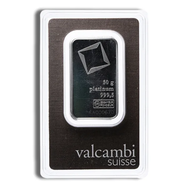 30g Valcambi Suisse platinum bar in protective packaging, featuring a sleek design and certification details for authenticity. Ideal for investors and collectors.