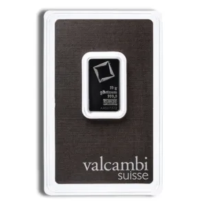 Valcambi Suisse gold bar presented in a secure assay package, featuring a sleek design and the brand logo. Ideal for investment and collection.