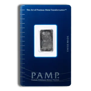 PAMP silver bar in a protective assay card, showcasing the brand logo and weight details, ideal for investment and collection purposes.