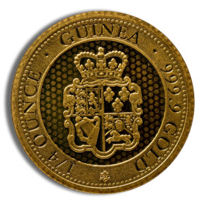 Gold Guinea coin featuring the royal coat of arms, marked with "GUINEA," "999 GOLD," and "1/4 OUNCE," showcasing intricate details and a polished finish.
