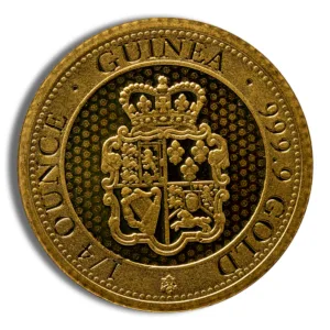 Gold Guinea coin featuring a royal crest, marked with "GUINEA," "999 GOLD," and "1/4 OUNCE," symbolizing high purity and historical significance in currency.