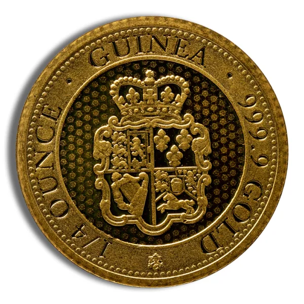 Gold Guinea coin featuring a royal crest, marked with "GUINEA," "999 GOLD," and "1/4 OUNCE," symbolizing high purity and historical significance in currency.