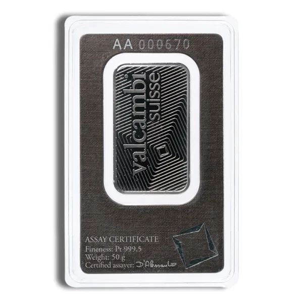 Valcambi Suisse platinum bar weighing 50 grams, featuring an assay certificate with a fineness of Pt 999.5, displayed in protective packaging.