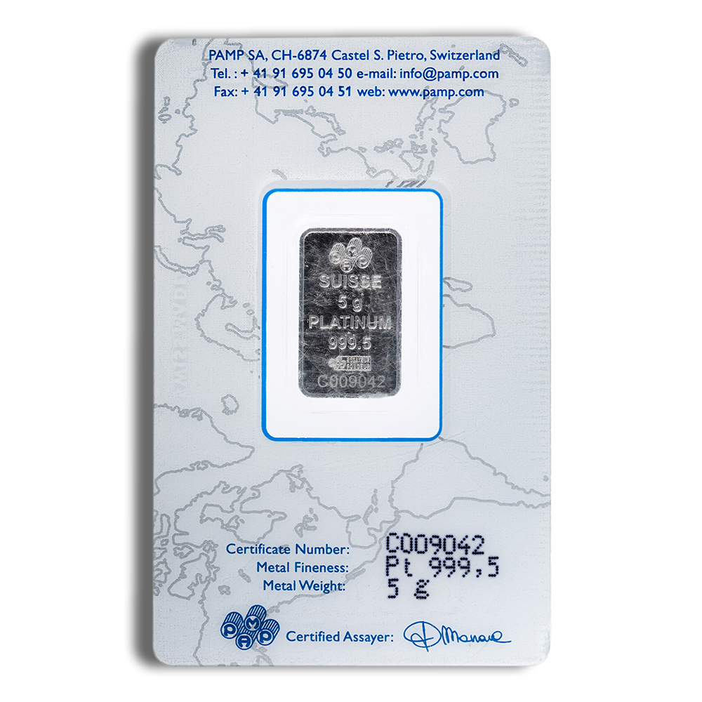 Platinum bullion bar from PAMP Suisse, featuring a weight of 5 grams and a fineness of 999.5. The bar is encased in a protective card with certification details, including the certificate number C009042 and the assayer's signature. The background displays a world map design, emphasizing the global nature of precious metals investment.