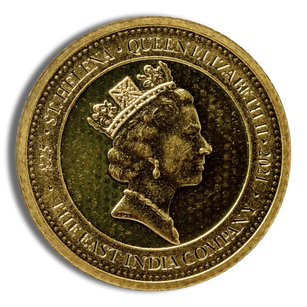 Gold coin featuring the profile of Queen Elizabeth II, showcasing intricate details of her crown and facial features, commonly used in British currency.