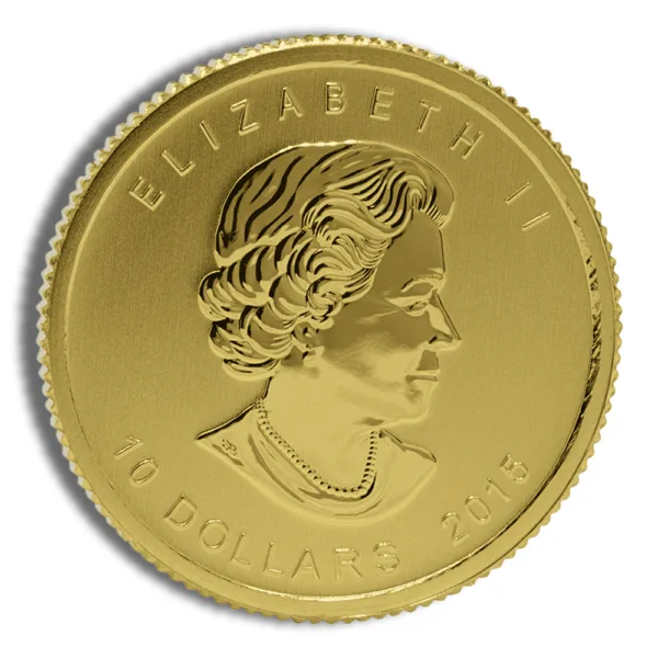 Gold coin featuring a profile of Queen Elizabeth II, inscribed with "Elizabeth II," "10 Dollars," and "2015," showcasing its collectible design.