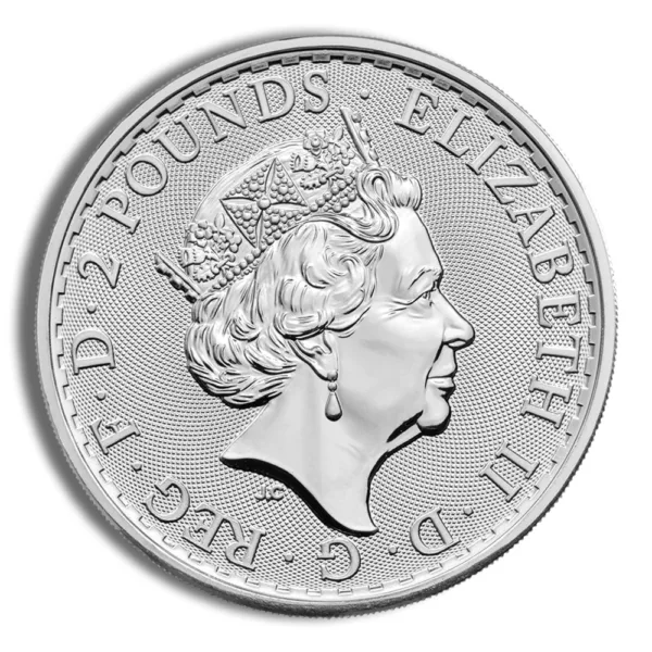 Silver two-pound coin featuring a profile of Queen Elizabeth II, with the inscription "ELIZABETH II" and denomination details.