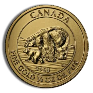 Gold coin featuring a polar bear and cub, inscribed with "Canada" and "Fine Gold 1/4 oz" on the surface.