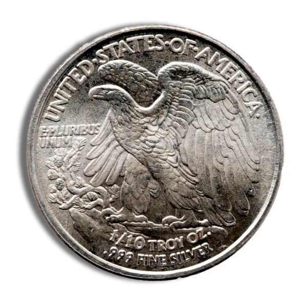 Image of a United States silver coin featuring an eagle design, with inscriptions indicating "United States of America," "E Pluribus Unum," "1/10 Troy Oz," and "999 Fine Silver."