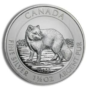 Canadian silver coin featuring a detailed fox design, made of 1.5 ounces of 99.99% fine silver, showcasing wildlife artistry and Canadian heritage.