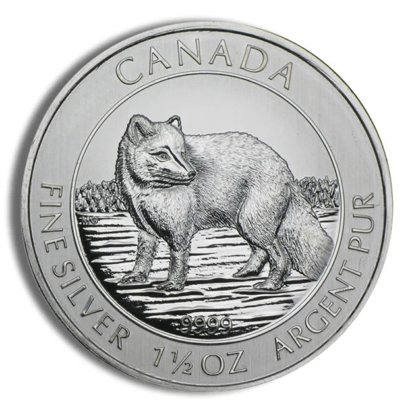 Canadian silver coin featuring a detailed fox design, made of 1.5 ounces of 99.99% fine silver, showcasing wildlife artistry and Canadian heritage.