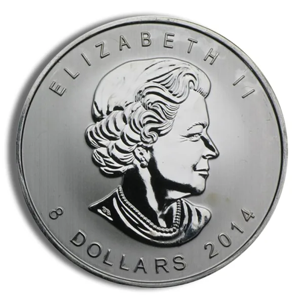 Silver coin featuring a profile of Queen Elizabeth II, marked with "8 DOLLARS" and the year "2014." Ideal for collectors and numismatists.