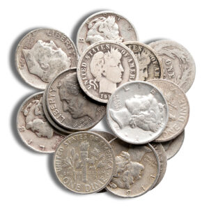 A collection of vintage U.S. coins including dimes, quarters, and half dollars, featuring various designs and dates, arranged in a scattered layout.