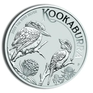 2023 Kookaburra silver coin featuring two intricately designed kookaburra birds perched on branches, surrounded by Australian flora, made of 1 oz .9999 fine silver.