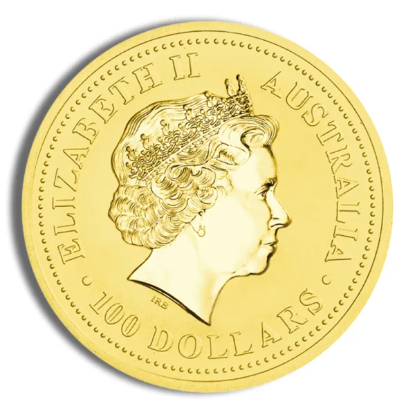 Gold coin featuring the profile of Queen Elizabeth II, inscribed with "Elizabeth II Australia 100 Dollars," representing Australian currency.
