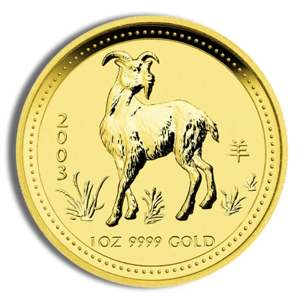 Gold coin featuring a goat design, minted in 2003, with a weight of 1 ounce and a purity of 9999 gold.