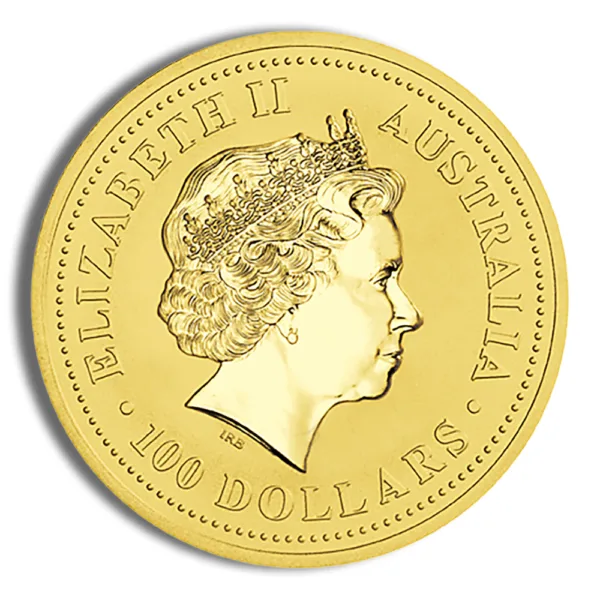 Gold coin featuring a profile of Queen Elizabeth II, inscribed with "Australia" and "100 Dollars." Ideal for collectors and investors in precious metals.