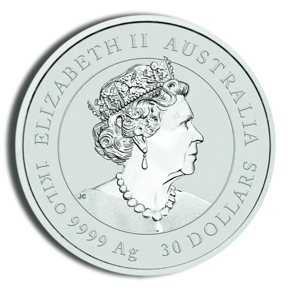 Australian silver coin featuring a profile of Queen Elizabeth II, marked with "9999 Ag" and "30 Dollars," showcasing its value and purity.