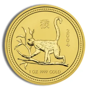 Gold coin featuring a monkey design, symbolizing the Chinese zodiac, with inscriptions indicating weight and purity, 1 oz 999 gold.