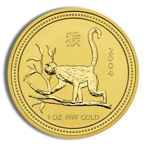 Gold coin featuring a monkey design, symbolizing the Chinese zodiac, with inscriptions indicating weight and purity, 1 oz 999 gold.