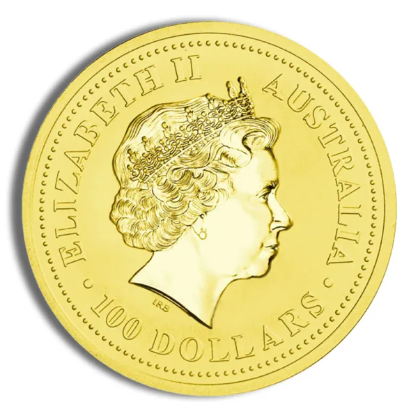 Gold coin featuring a profile of Queen Elizabeth II, minted in Australia with a denomination of 100 dollars.