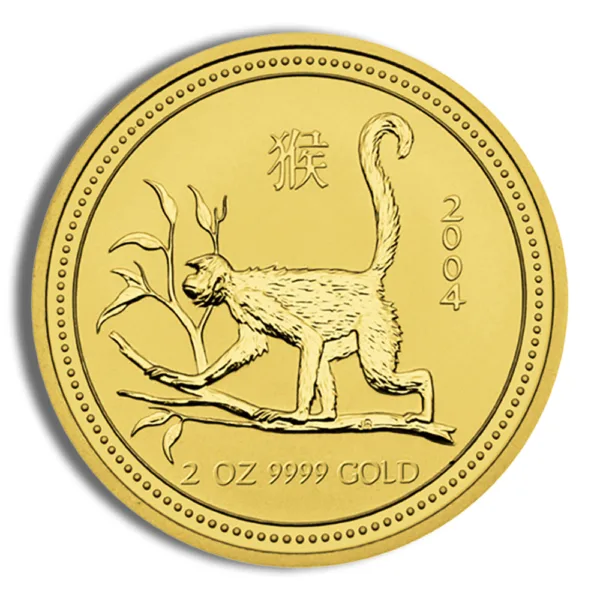 Gold coin featuring a monkey design, minted in 2004, with a weight of 2 ounces and a purity of 9999 gold, set against a detailed background of bamboo leaves.