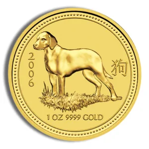 Gold coin featuring a Labrador dog design, minted in 2006, with inscriptions indicating "1 OZ 9999 GOLD" and the Chinese character for dog.