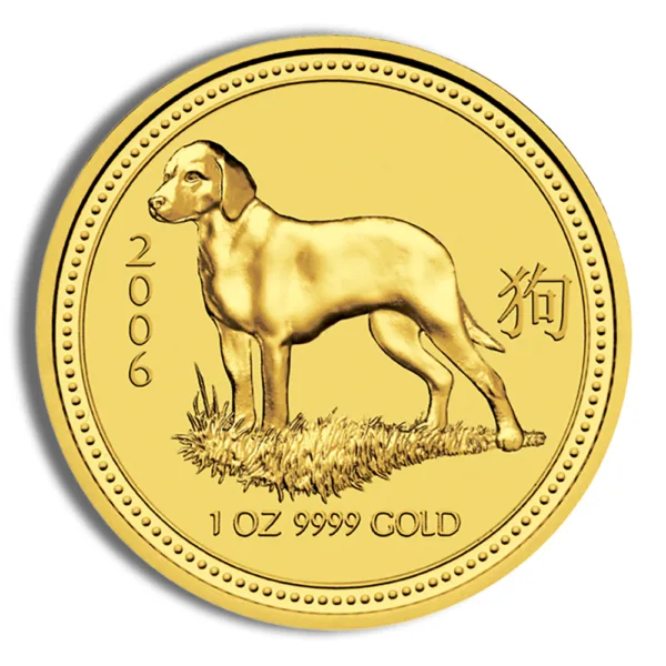 Gold coin featuring a Labrador dog design, minted in 2006, with inscriptions indicating "1 OZ 9999 GOLD" and the Chinese character for dog.