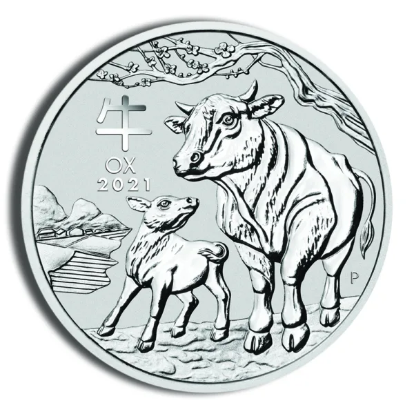 Silver coin featuring a cow and calf design, minted in 2021, showcasing agricultural themes and wildlife conservation.