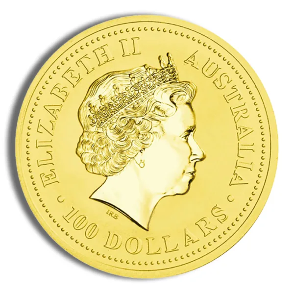 Gold coin featuring the profile of Queen Elizabeth II, marked with "Australia" and "100 Dollars," symbolizing Australian currency and heritage.