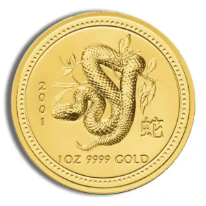 Gold coin featuring a detailed snake design, minted in 2001, weighing 1 ounce and made of 9999 fine gold.