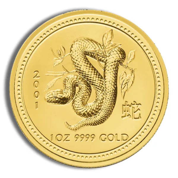 Gold coin featuring a detailed snake design, minted in 2001, weighing 1 ounce and made of 9999 fine gold.