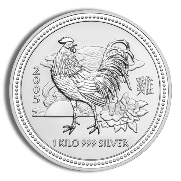 Silver bullion coin featuring a rooster design, marked "1 Kilo 999 Silver," showcasing intricate engravings and floral elements, ideal for collectors and investors.